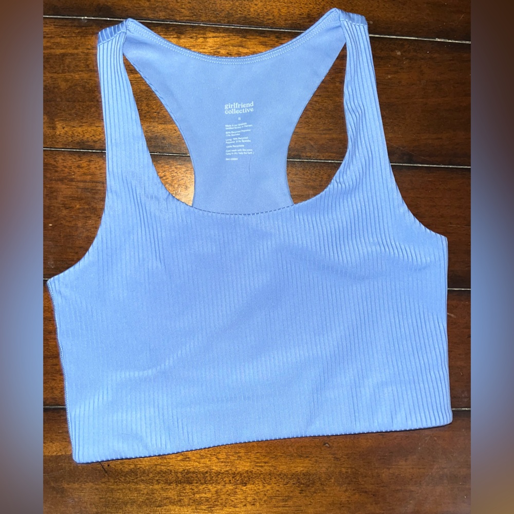 Size S girlfriend collective Paloma bra in RIB fabric, color is “daydream”